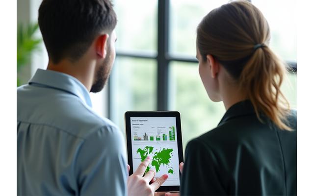 Zwei Personen besprechen Nachhaltigkeitsstrategien mit einem Tablet in der Hand
