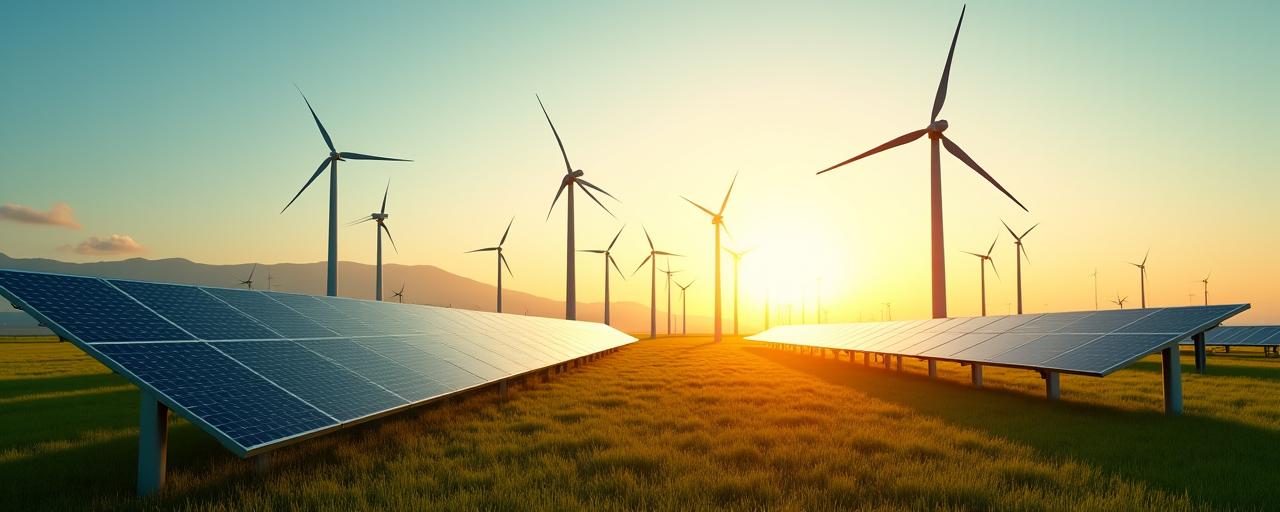 Große Windkraftanlagen und Solarparks bei Sonnenuntergang, symbolisch für umfassende erneuerbare Energielösungen