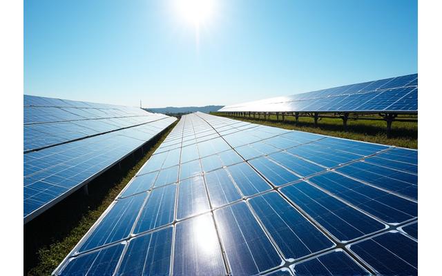 Große Solarfelder unter strahlendem Himmel