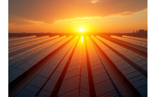 Ein großflächiges Solarfeld bei Sonnenuntergang, das Energieeffizienz symbolisiert.
